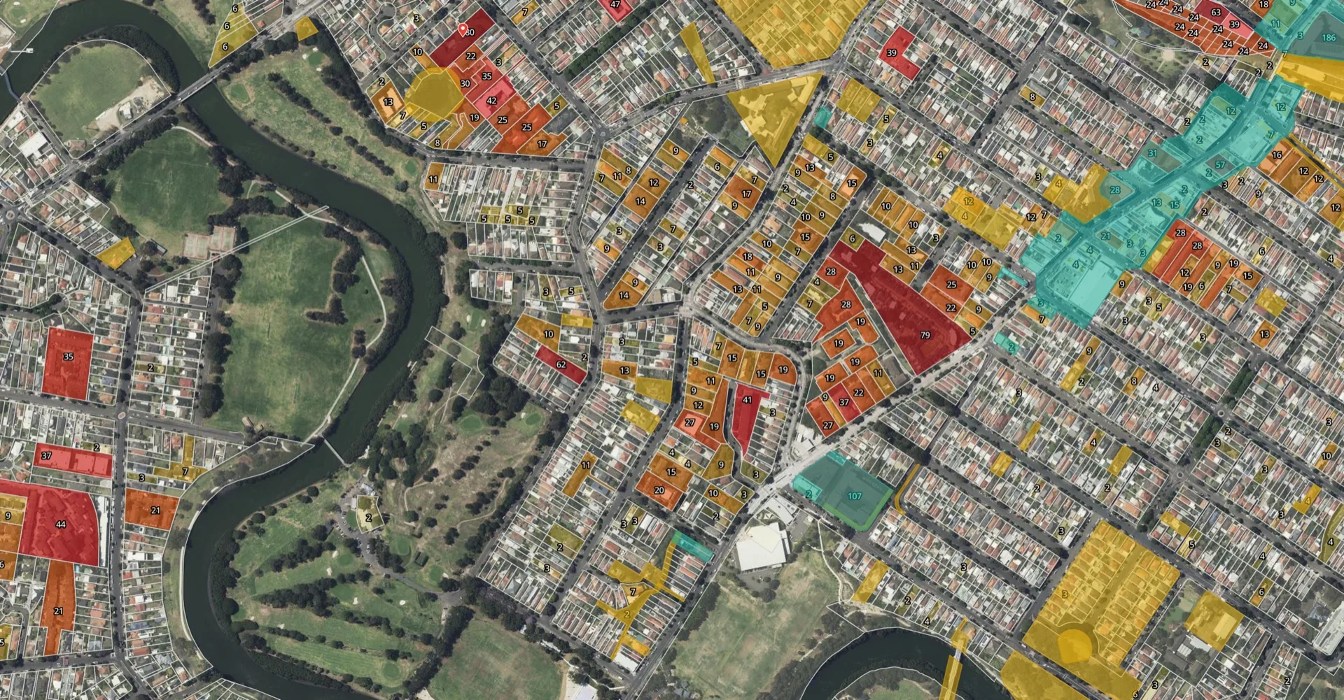 Map view showing development application pins across a suburb