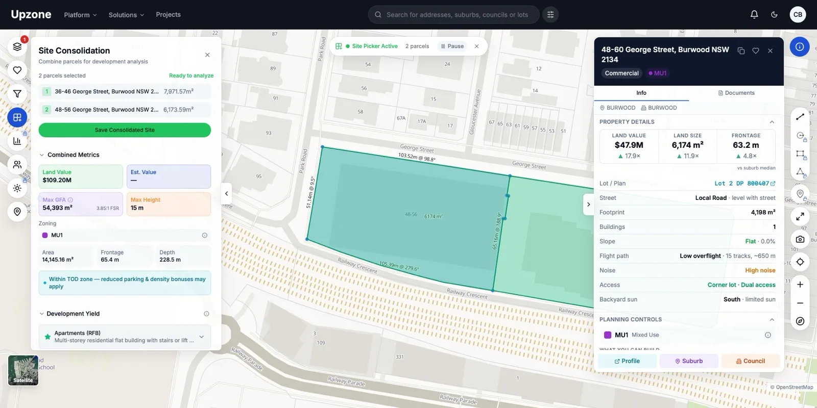 Two adjoining George Street lots in Burwood selected on the map and combined into one 14,145 square metre site worth $109.2M, with 54,393 square metres of buildable floor area at a 3.85 to 1 floor space ratio.