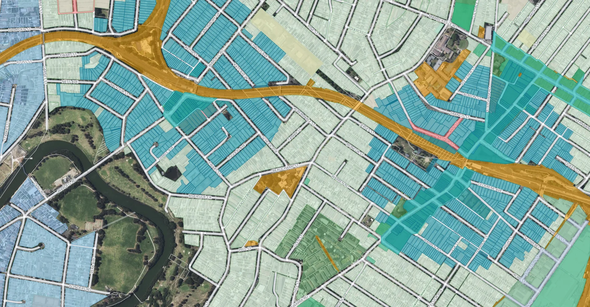 Zoning map showing land use classifications across Sydney suburbs